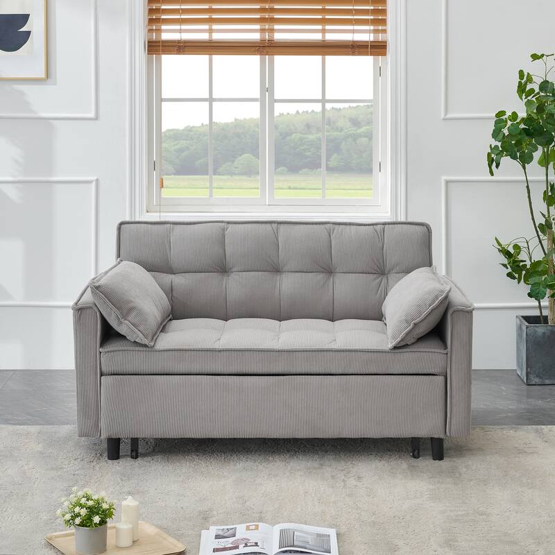 Corduroy Pull Out Loveseat Sofa Convertible Sleeper Love Seat Bed Adjustable Backrest Tufted Couch w2 Pillo & Pockets - Gray