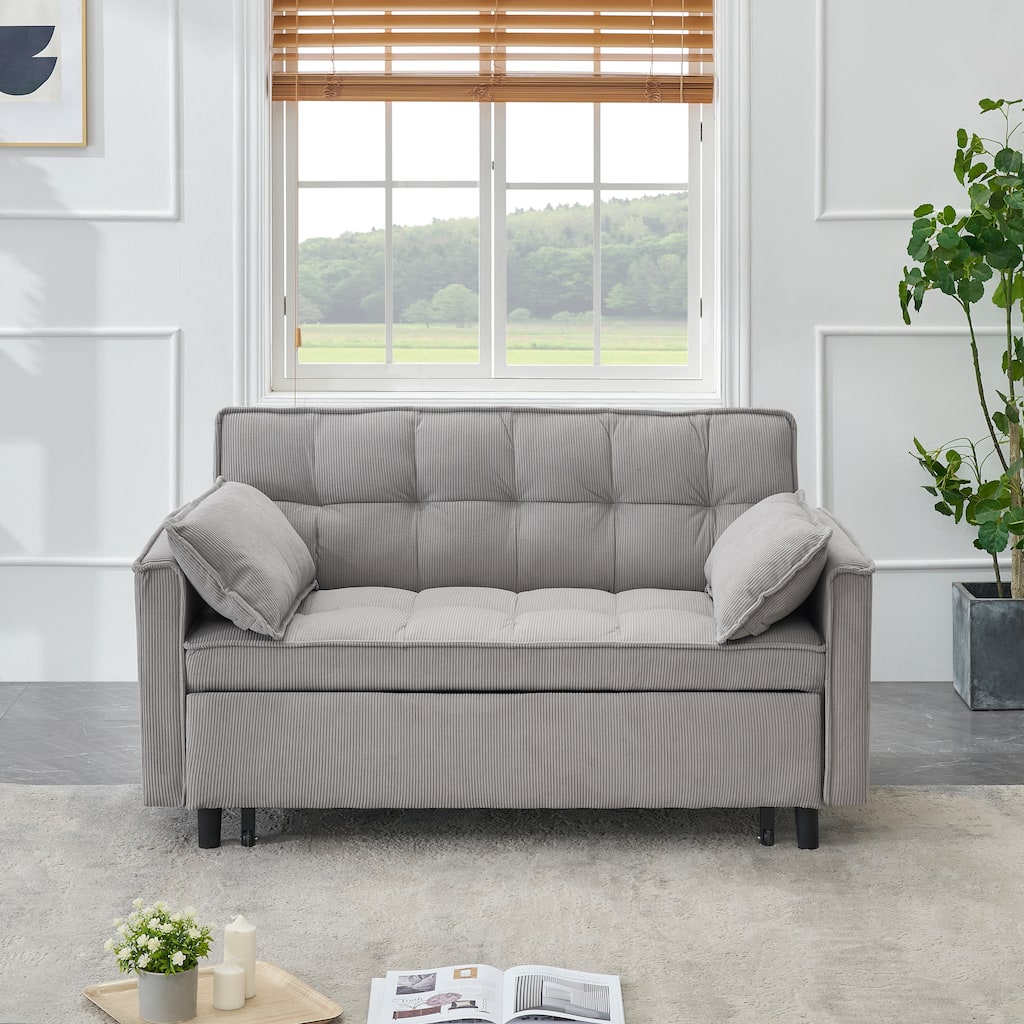 Gray Modern 54.3" Corduroy Loveseat Pull-out Sofa Bed with Adjustable Back and Pillows for Living Room