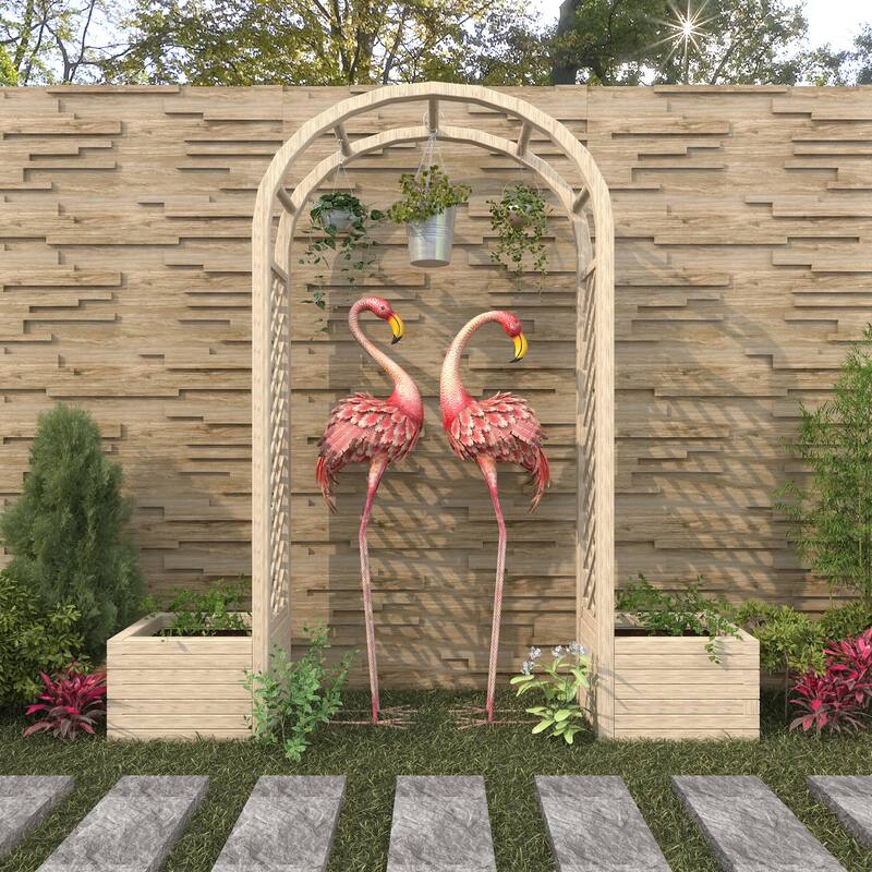 Pink Metal Indoor Outdoor Standing Flamingo Decorative Garden Sculpture with Yellow Accents and Coiled U Shaped Feet (Set of 2)