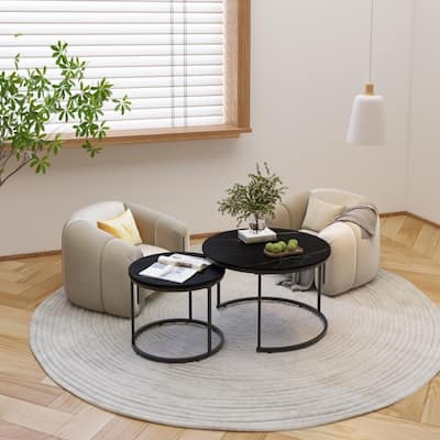 Round Nesting Coffee Table Set of 2 with Marble Pattern Top & Metal Frame