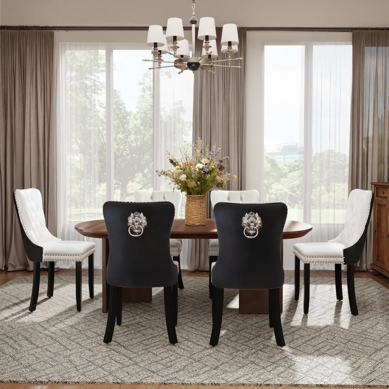 Modern Tufted Velvet Upholstered Nailhead Dining Chair Set of 6 - White Black