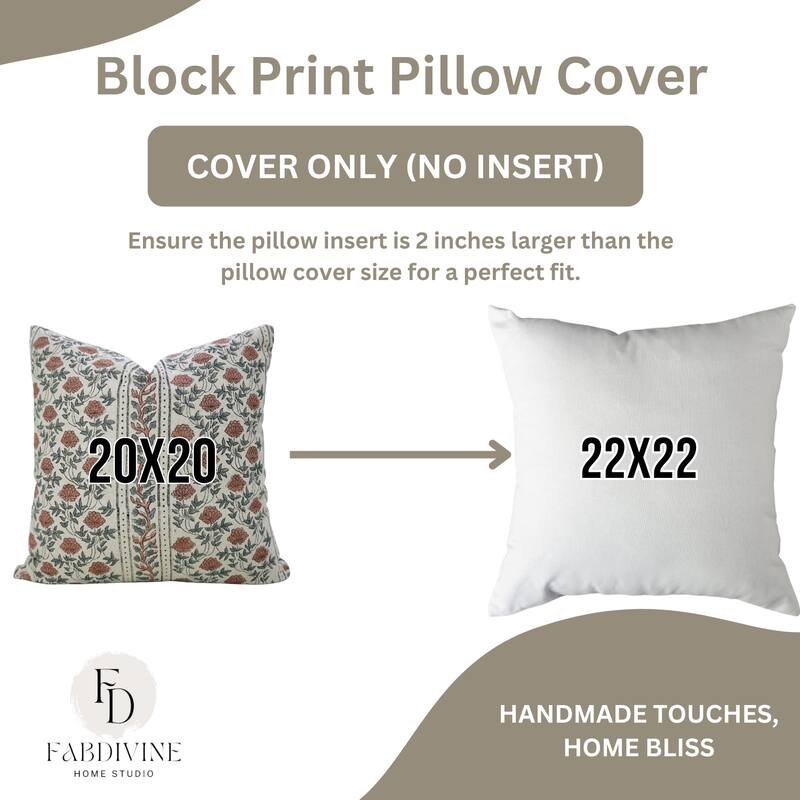 Fabdivine Handmade 22x22 Inch Linen Floral Pillow Cover for Chair, Dining or Bed Brown Soft Block Print Cushioncase, Khoobsurat