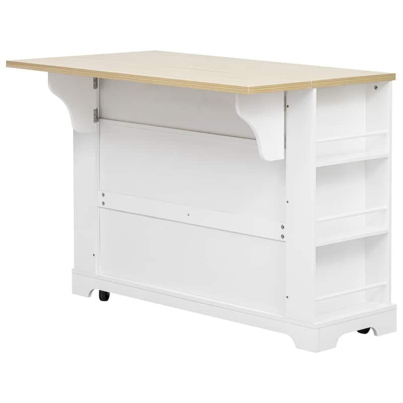 Kitchen Island with 6 Drawers, Pull Out Trash Can Storage, with Drop Leaf, Power Outlet, 5 Open Side Racks