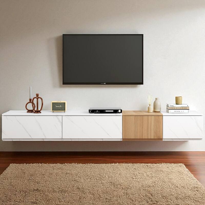 78.7 Inch Modern TV Stand with Faux Marble & Walnut Finish, Entertainment Center with 4 Storage Drawers for TVs Up to 88 Inch