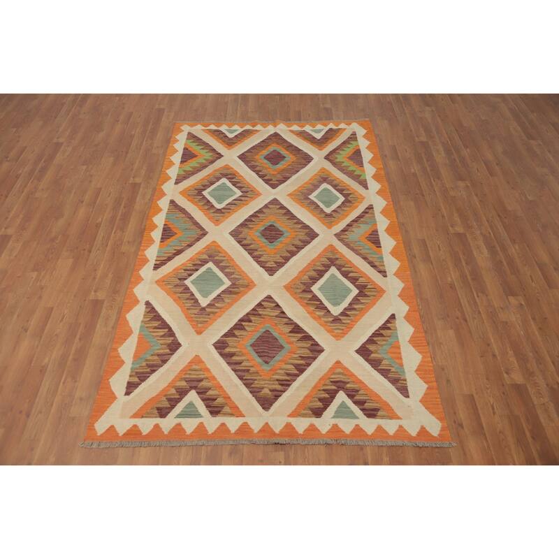 Hand Woven Oriental 100% Wool Carpet Southwestern Geometric Multi-Colored Kilim Area Rug - 8' 2'' X 4' 11''
