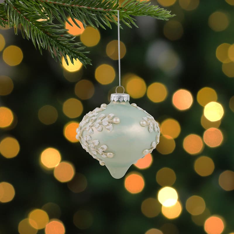 2 Pastel Green Icy Snowflakes Christmas Glass Onion Ornaments 4"