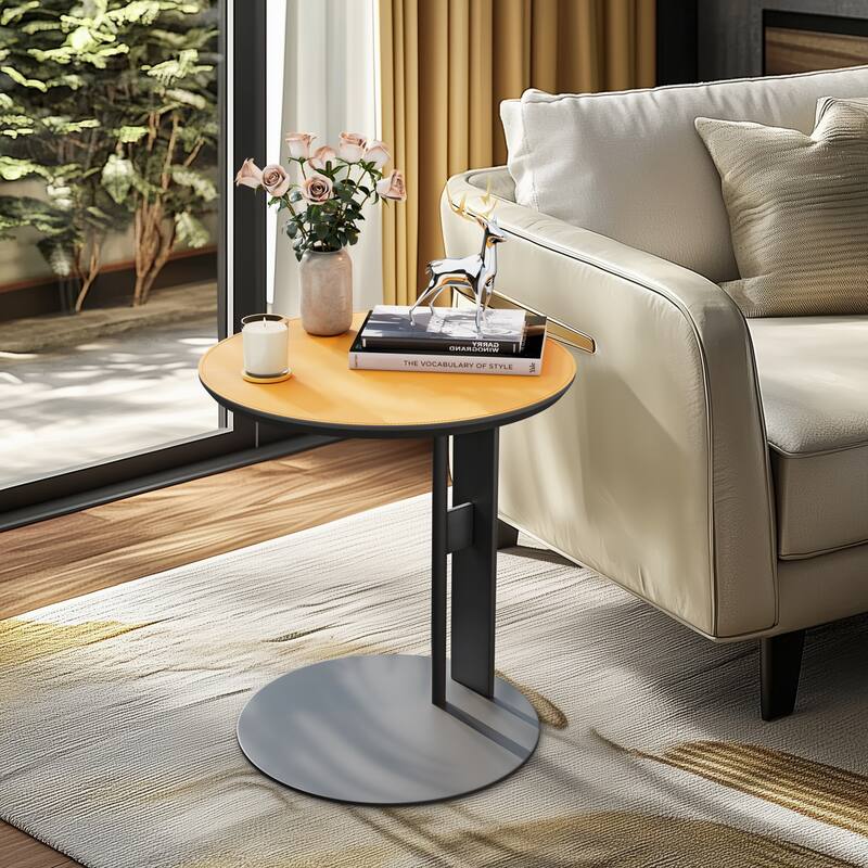Modern Round End Table with Microfiber Saddle Leather Top and Metal Sandblasting Pedestal