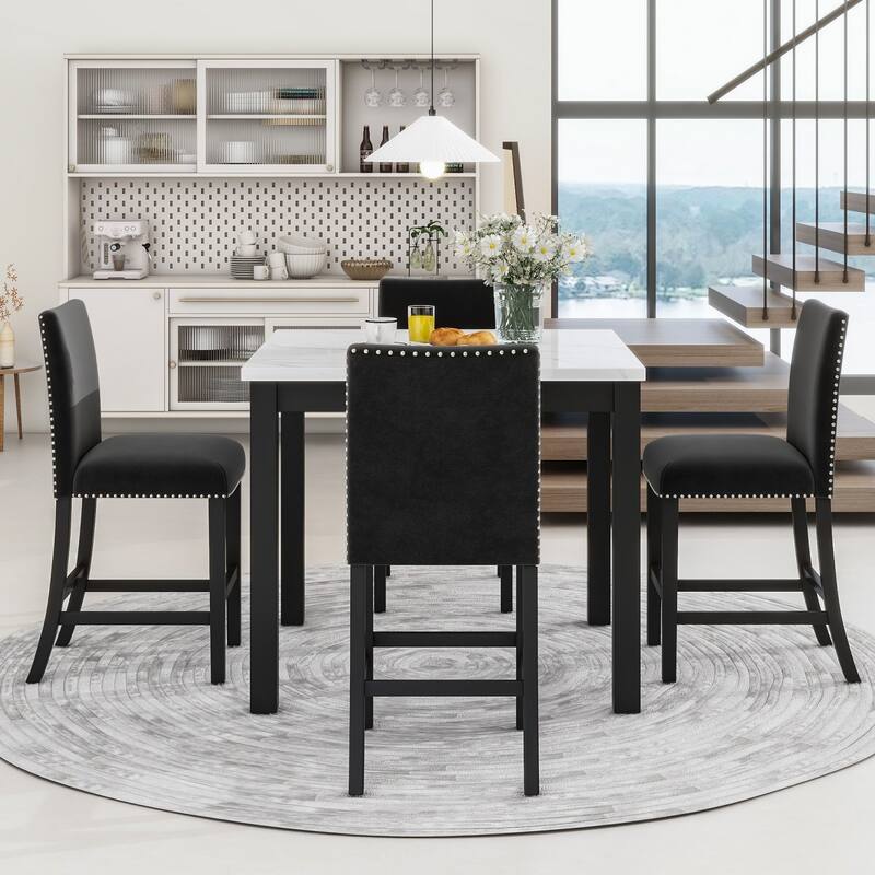 35" Faux Marble Top Dining Table and 4 Velvet Chairs, 5-Piece Dining Set