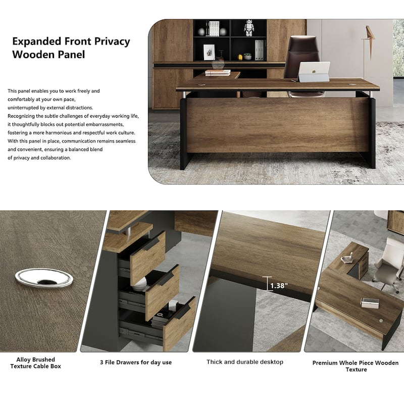 63-inch L Shaped Executive Desk, Industrial Modern Office Desk with 3 Storage Drawers
