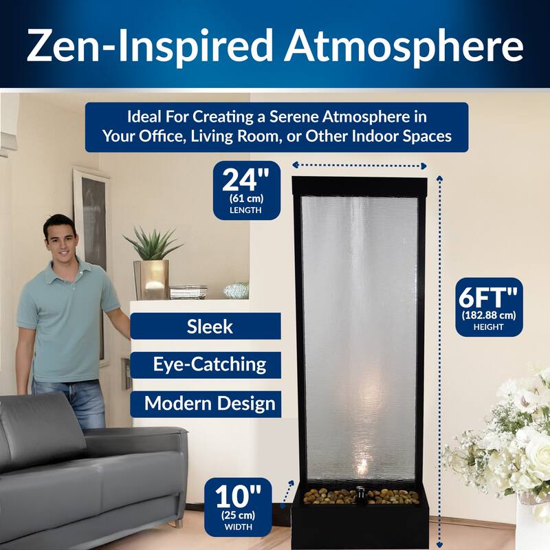 Alpine Corporation 72" Zen Mirror Waterfall Fountain with LED Lights and Stones