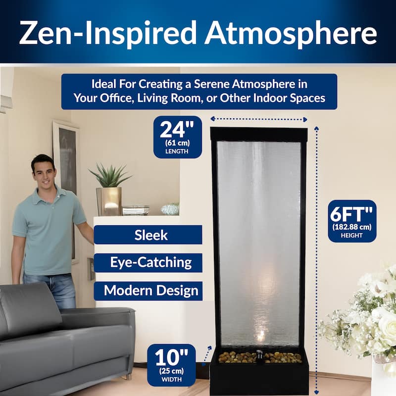 Alpine Corporation MLT170L 72" Waterfall Fountain with LED Light Cascading Textured Glass & Aluminum Floor Design, Indoor, Black