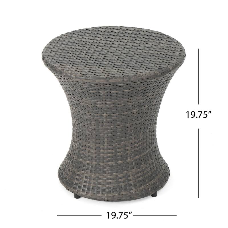 Loco Outdoor Side Table, Hourglass Shape, Round 20 Inch, Gray Rattan