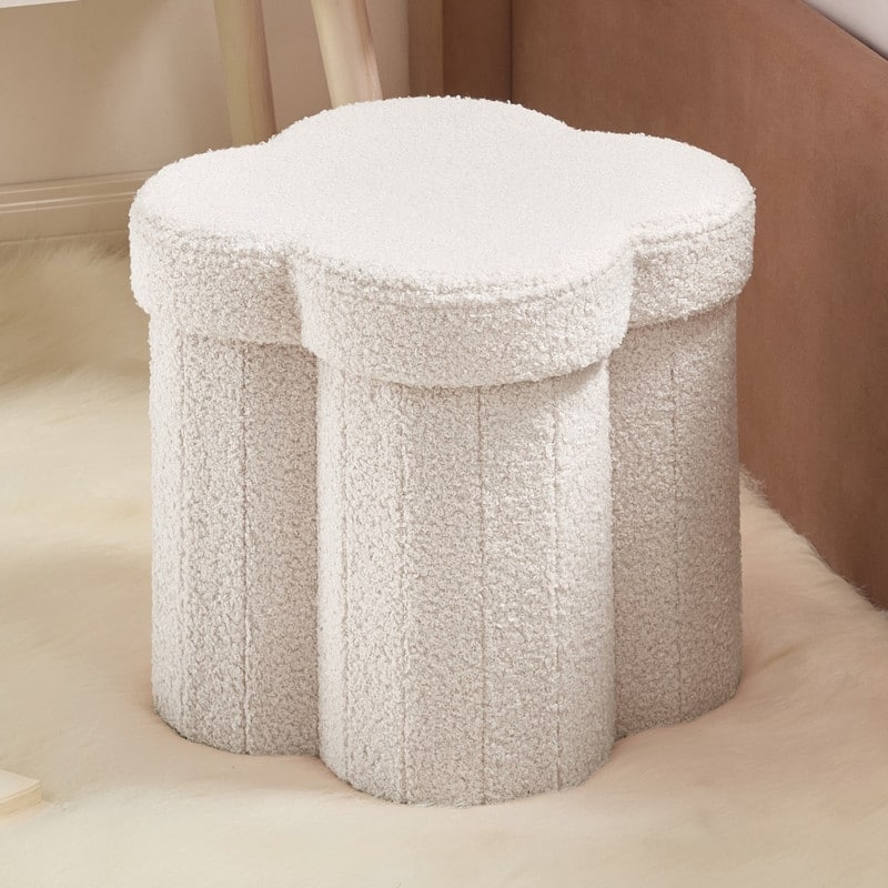 Ornavo Home Boucle Flower 12" Storage Ottoman - Footstool - Perfect for Dorm, Living Room and Bedroom