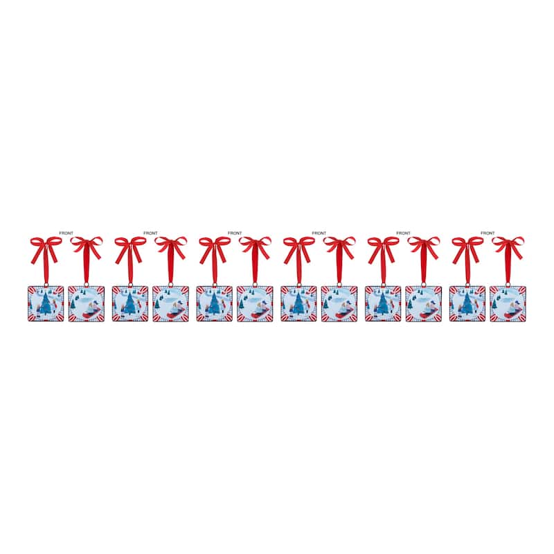 Winter Sledding and Tree Decorating Christmas Tag Ornaments - 5" - 12ct