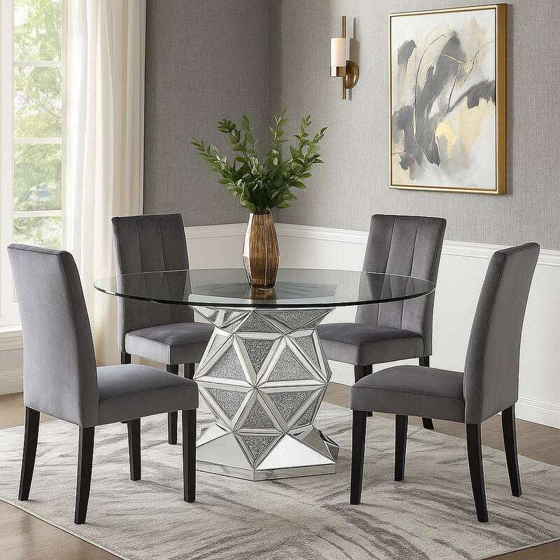 Round Dining Table with Faux Crystals Inlay and Pedestal Base, Silver
