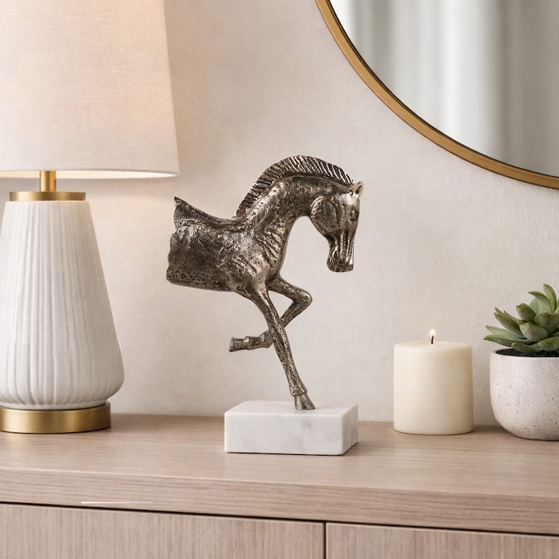 Decorative Horse Figurine Sculpture on Marble Base - 13.5"
