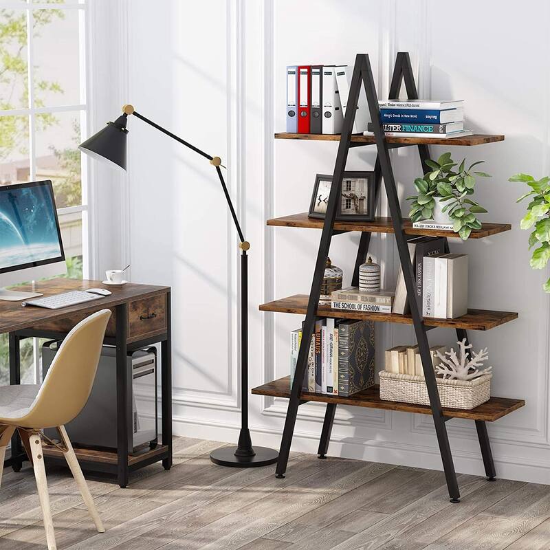 4-Tier Bookshelf Bookcase 4 Shelves Industrial Ladder Shelf, Brown and White
