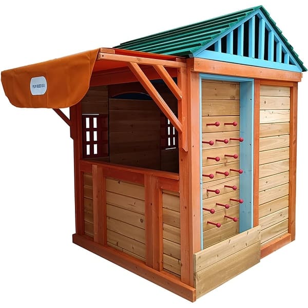 slide 2 of 6, Outdoor Playhouse for Kids Pretend Play Wooden Game House with Canopy Working Door Windows Flowerpot Holder Gifts - brown brown