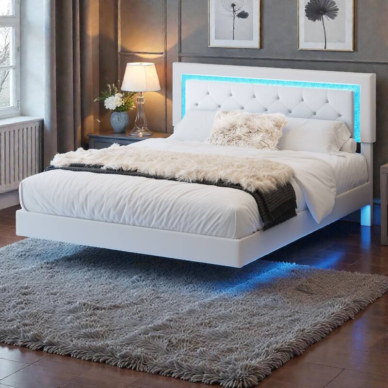 Floating Upholstered Bed Frame with LED Lights, Diamond Tufted Headboard, PU Leather Platform Bed, No Box Spring Needed