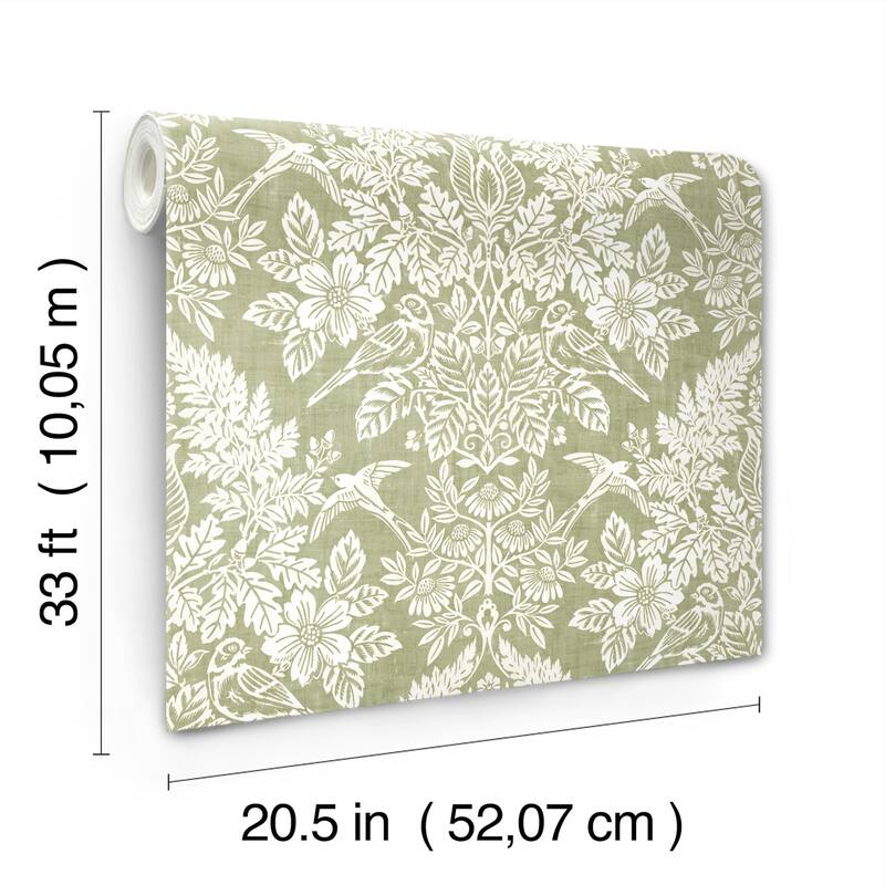 Chris Loves Julia x A-Street Prints Finch Light Green Woodland Damask Wallpaper