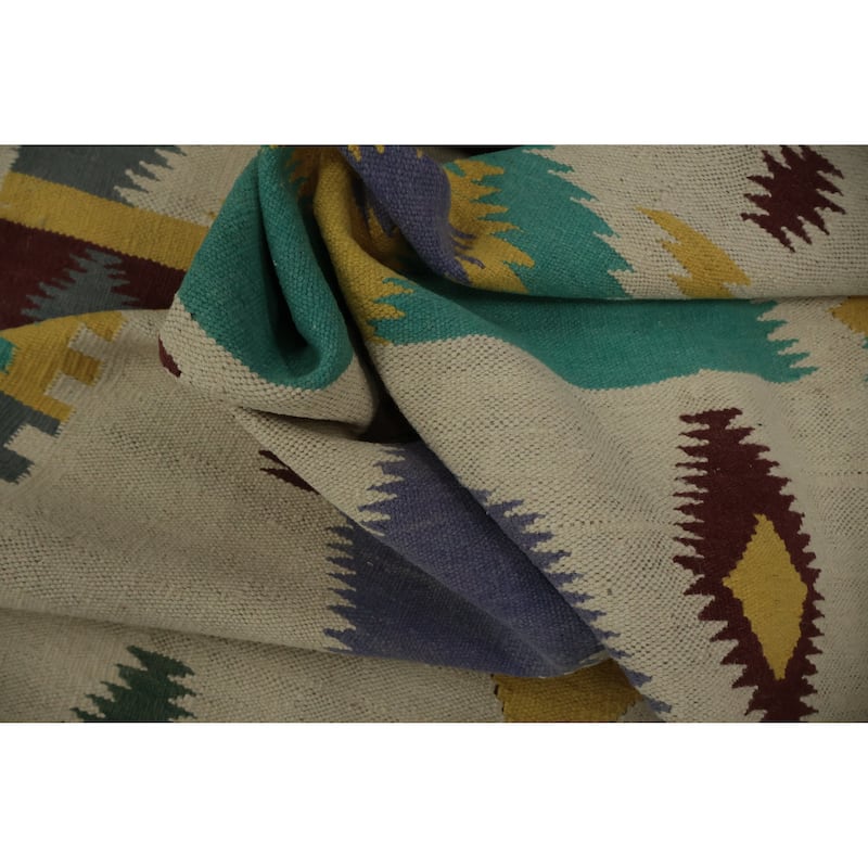 Hand Woven Oriental 100% Wool Carpet Southwestern Tribal Beige & Ivories Kilim Area Rug - 11' 4'' X 4' 9''