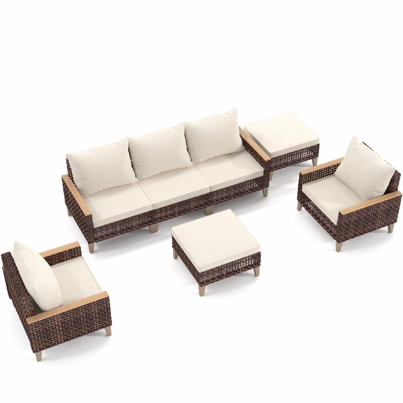 5-Piece High Footed Hollowed Out Rattan Furniture Set - 7-Seat Sofa Set with Cushions