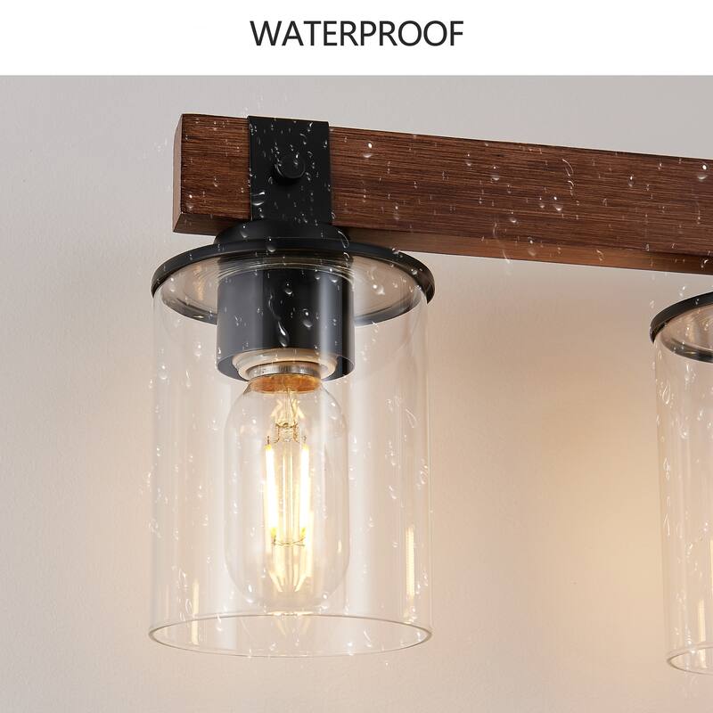 50" Rustic 7-Light Vanity Light, Industrial Bathroom Wall Sconce with Glass Shades and Wood Accent(No Bulbs) - Walnut