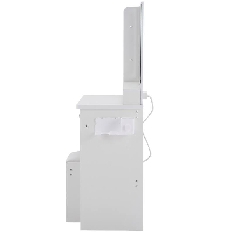 Vanity Desk with Touch Control LED Mirror, Makeup Table with Hair Dryer Stand, Vanity Table Set with Cushioned Stool