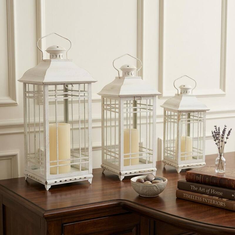 Set of Three Ivory Metal Mirrored Floor Lantern Candle Holders - Ivory