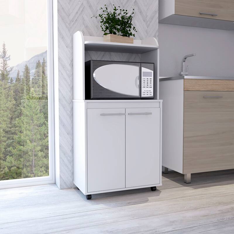 White 1-Shelf 2-Door Kitchen Pantry with Countertop & Caster Wheels, Microwave Storage Solution