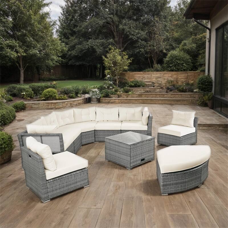 Patio Rattan Furniture Set with Cushions and Center Table