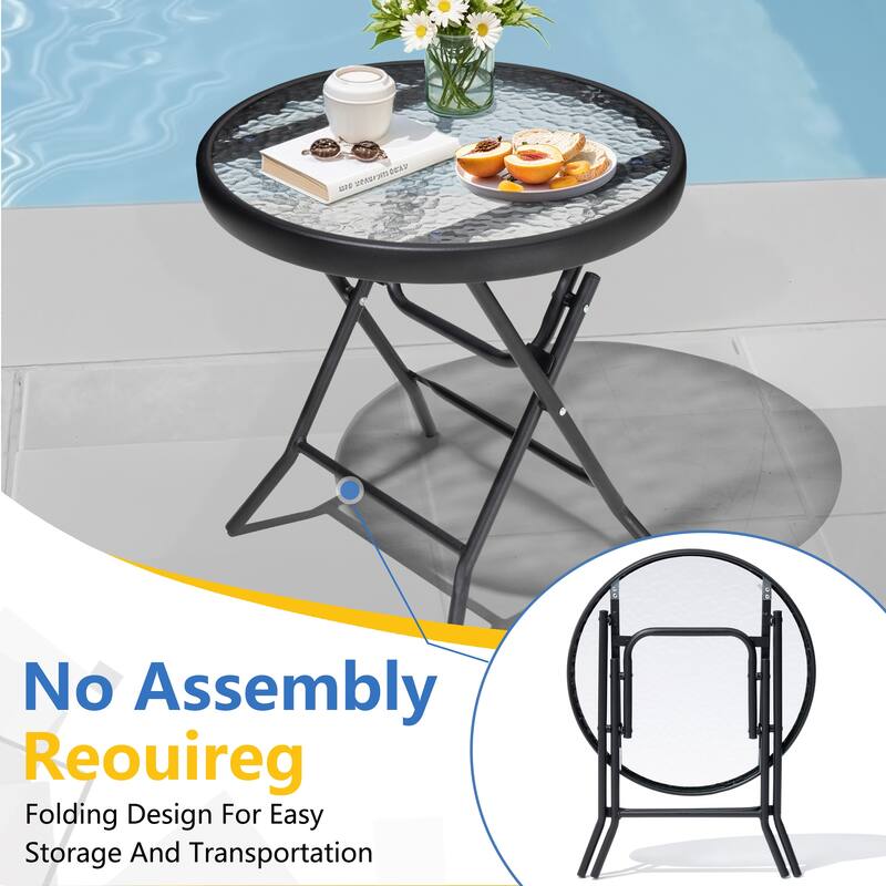 Outdoor Patio Folding Round Table Tempered Glass Top