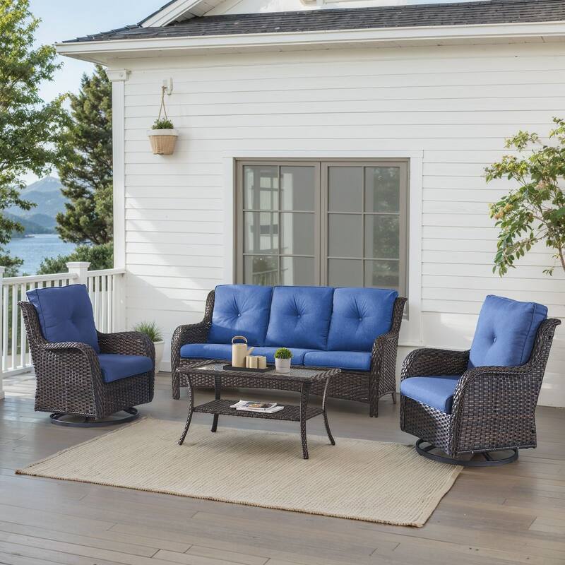 Outdoor Swivel Chairs with Sofa Table Brown-Blue - Brown - Brown - Blue