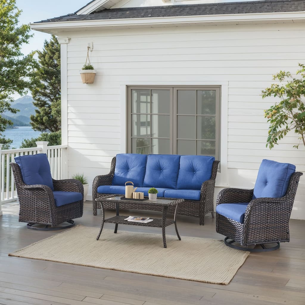 Outdoor Swivel Chairs with Sofa Table Brown-Blue - Brown