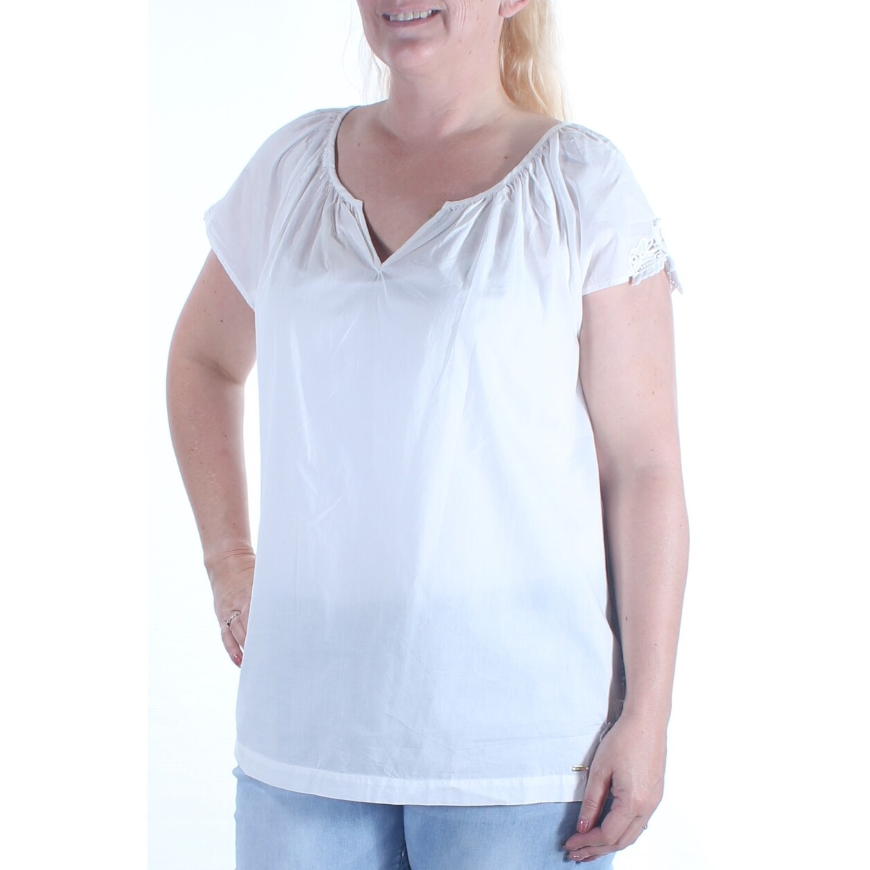 Shop Tommy Hilfiger Womens White Lace Sheer Short Sleeve V Neck