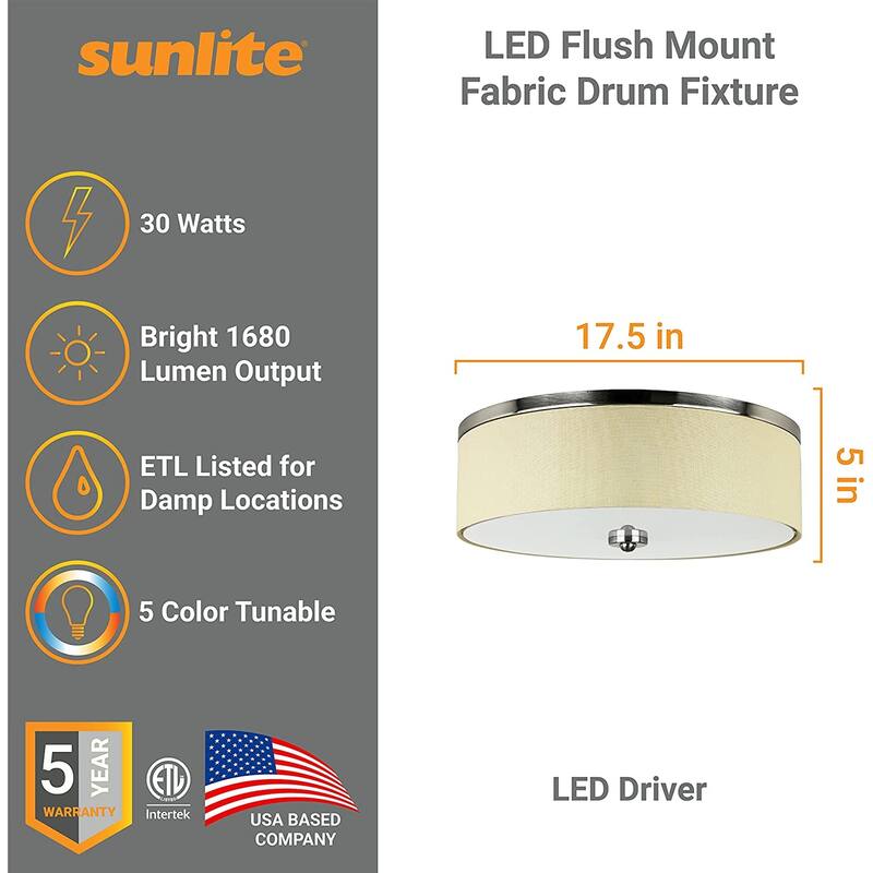 Sunlite 17 in. Brushed Nickel Fabric Drum LED Flush Mount Lighting Fixture, Color Selectable LED 2700K 3000K 3500K 4000K 5000K