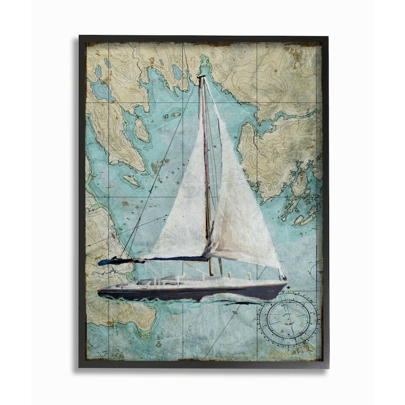 Stupell Vintage World Map Sail Boat Ocean Coast Painting,11x14, Design By Artist Art Licensing Studio - Multi-Color - 11 x 14 - Black
