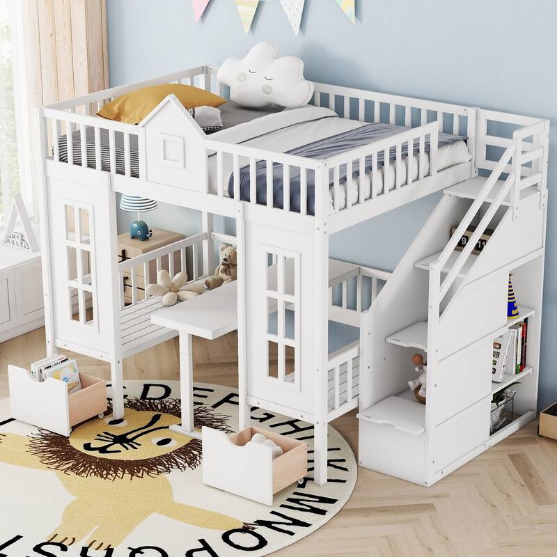 Stairway Bunk Bed w/Changeable Table, Turn into Upper Bed & Down Desk - White - Full
