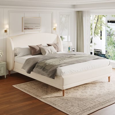 White Upholstered Bed Rounded Corners Headboard Boucle Fabric Wingback Bed with Wood Slat and Metal Support Frame, Platform Bed
