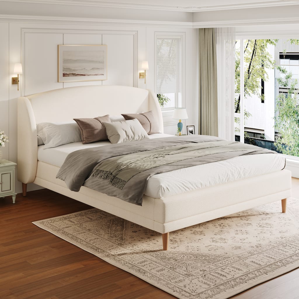 White Upholstered Bed Rounded Corners Headboard Boucle Fabric Wingback Bed with Wood Slat and Metal Support Frame, Platform Bed