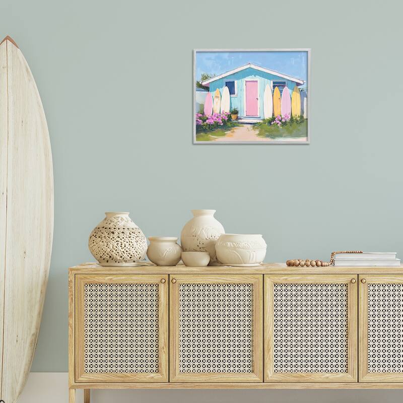 Stupell Cabin with Pastel Surfboards Framed Giclee Art Design By Arlington Prints