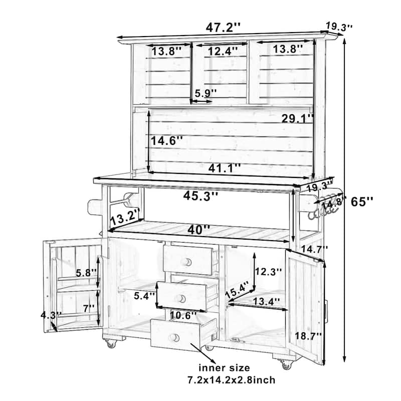 65" Outdoor Potting Bench with Stainless Steel Top, Rolling Garden Workstation with Hutch & Storage