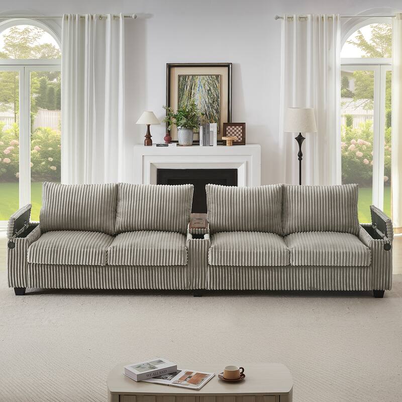 Roomfitters 4-Seater Corduroy Modern Sofa Couch with USB Ports Hidden Storage Arms & Flip-Top Cup Holders for Living Room