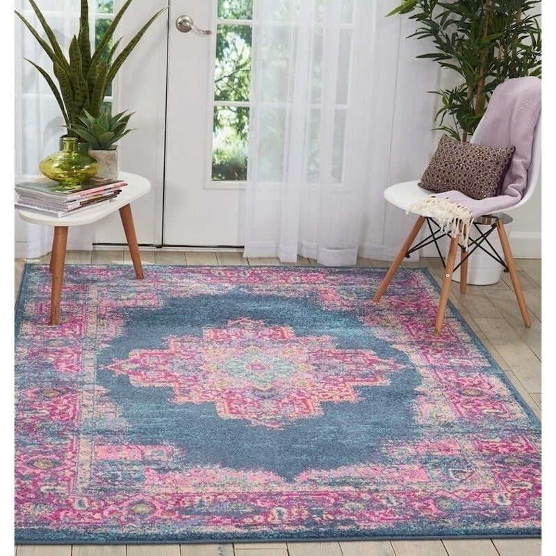Porch & Den Dobbin Vintage Persian Medallion Farmhouse Area Rug - 12' x 18' - Blue/Pink