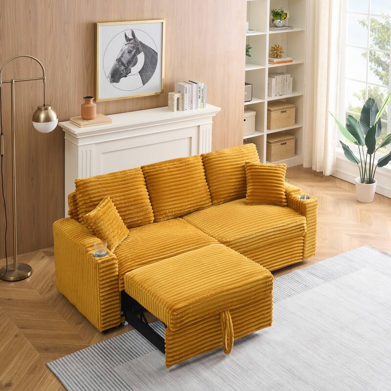 80-inch Orange Corduroy Pull-out Sofa with Foldable Reclining Function - Multi-Color