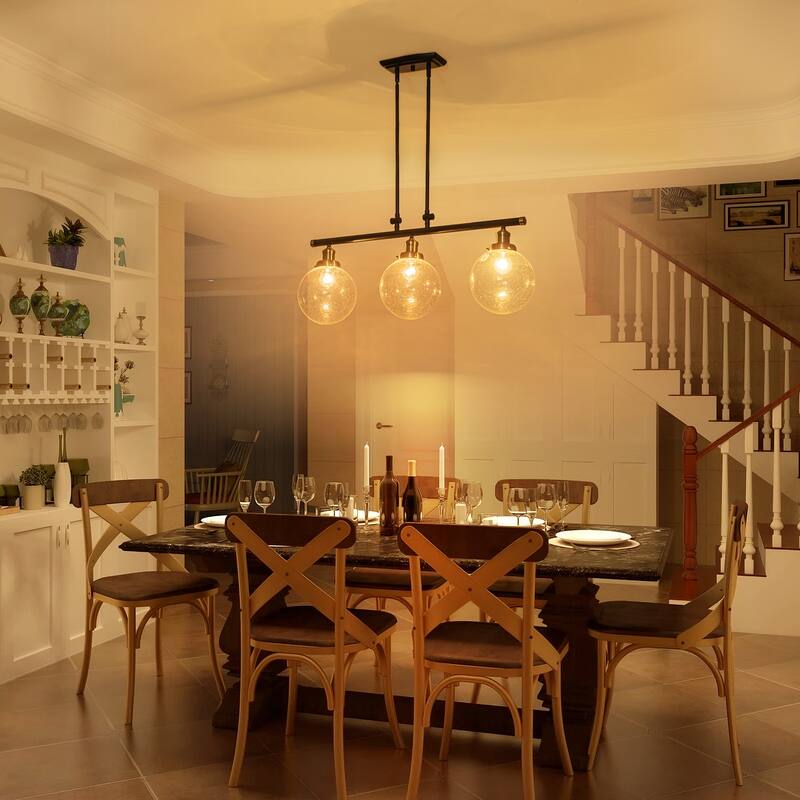 34.5" W 3-Light Industrial Black and Gold Linear Adjustable Island Pendan Light with Clear Seeded Glass Globe for Dining Room