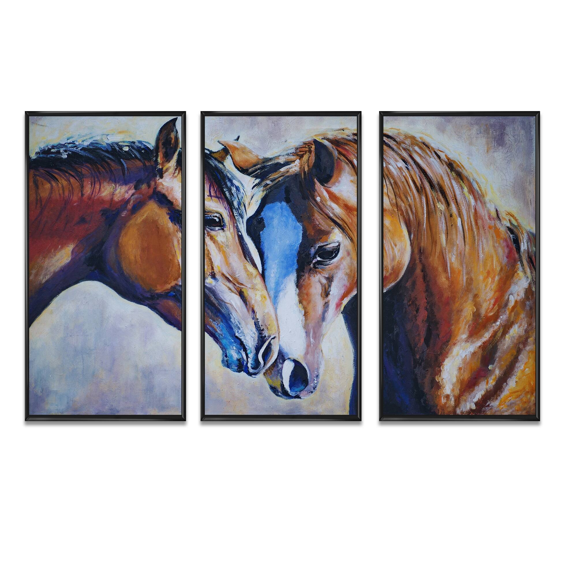 Designart "Brown Amorous Horses" Animal Framed Wall Art Set of 3 4