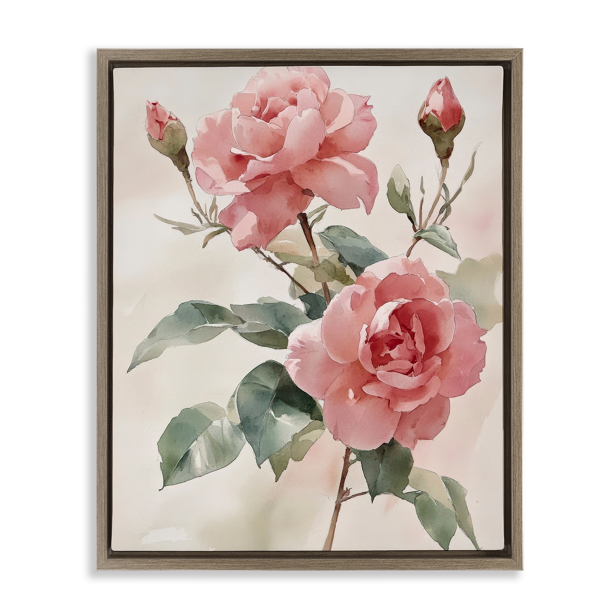 Stupell Pink Watercolor Roses and Buds Framed Floater Canvas Wall Art Design By Petal Prints Design