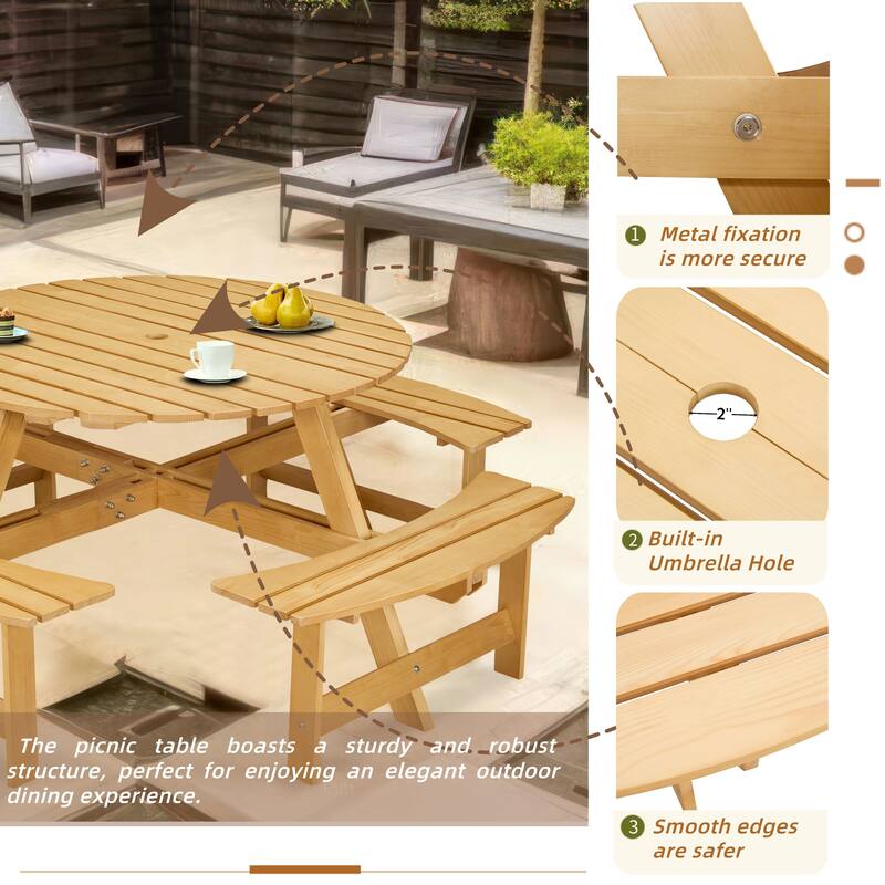 8-Person Outdoor Round Picnic Table Set with 4 Built-in Benches & Umbrella Hole