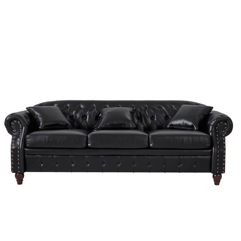 85.8" Technical Leather 3-Seater Sofa with Tufted Backrest & Storage